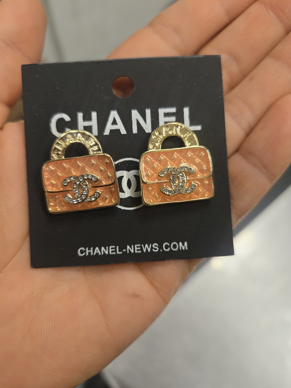 Fashion Jewelry Peach Enamel Quilted Padlock Earrings with Crystal CC